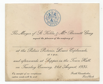 Ephemera - Invitation - mayoral dinner, St Kilda Mayor's invitation to Palais Pictures and Supper, 1934