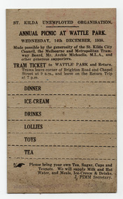 Ephemera - Ticket, Annual Picnic at Wattle Park, 1938