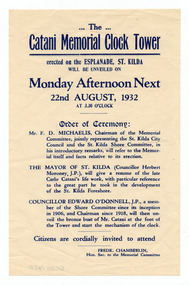 Ephemera - Flyer, The Catani Memorial Clock Tower, 1932