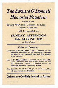 Ephemera - Flyer, The Edward O'Donnell Memorial Fountain, 1935