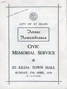 Ephemera - Program, Anzac Remembrance, Civic Memorial Service, 1930
