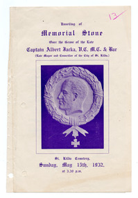 Ephemera - Program, Unveiling of Memorial Stone Over the Grave of the Late Captain Albert Jacka V.C. M.C. & Bar, 1932