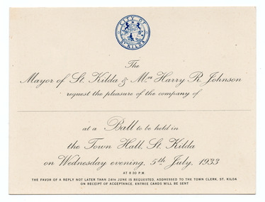 Ephemera - Invitation, City of St Kilda, 1933