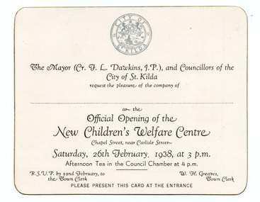 Ephemera - Invitation, Official Opening of the New Children's Welfare Centre, 1938