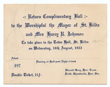 Ephemera - Ticket, Return Complimentary Ball, 1933