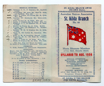 Ephemera - Program, Australian Natives Association St Kilda Branch, 1938