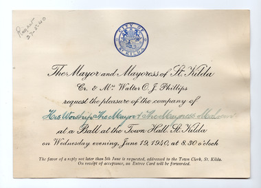 Ephemera - Invitation - mayoral ball, Invitation to Mayor and Mayoress of Malvern, 1940