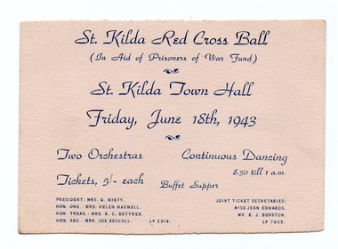 Ephemera - Invitation, St Kilda Red Cross Ball, 1943