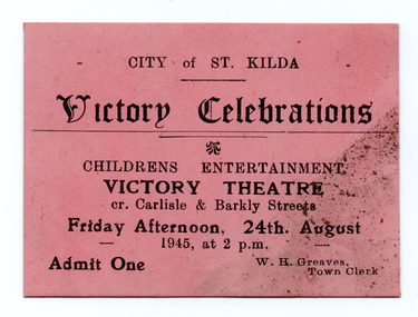 Ephemera - Ticket, Victory Celebrations Childrens Entertainment, 1945