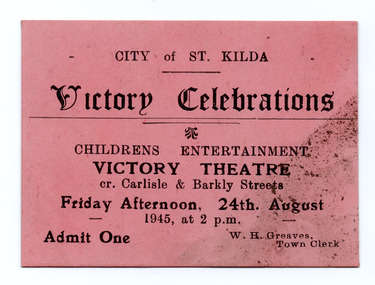 Ephemera - Ticket, Victory Celebrations Childrens Entertainment, 1945