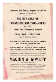 Ephemera - Catalogue, Auction Sale of Furnishings, Beds, Blankets etc of the Albert Park Emergency Hospital, 1920