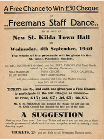 Ephemera - Poster, Freemans Staff Dance, 1940