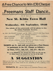 Ephemera - Poster, Freemans Staff Dance, 1940