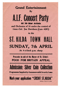 Ephemera - Flyer, Grand Entertainment by A.I.F. Concert Party, 1946