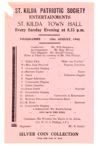 Ephemera - Program, St Kilda Patriotic Society Entertainments, 1940