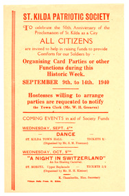 Ephemera - Flyer, St Kilda Patriotic Society, 1940