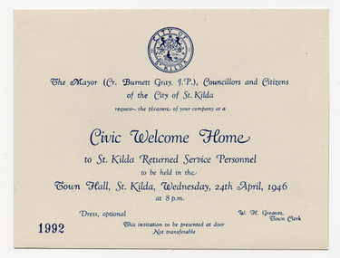 Ephemera - Invitation, Civic Welcome Home, 1946