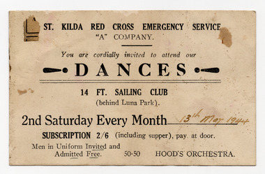 Ephemera - Invitation, St Kilda Red Cross Emergency Service Dance, 1944