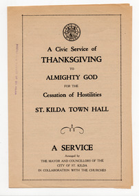 Ephemera - Program - religious service, A Civic Service of Thanksgiving to Almighty God for the Cessation of Hostilities, 1945