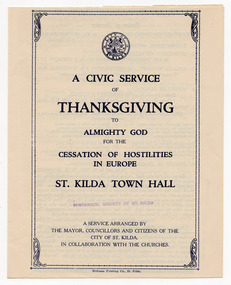 Ephemera - Program - religious service, A Civic Service of Thanksgiving to Almighty God for the Cessation of Hostilities in Europe, 1945