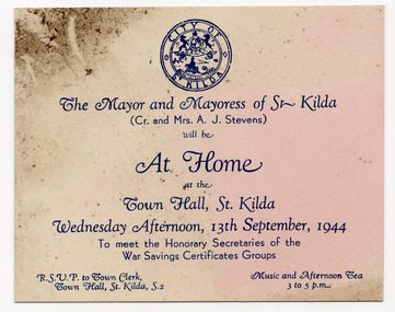Ephemera - Invitation, The Mayor and Mayoress of St Kilda At Home, 1944