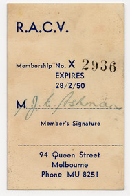 Ephemera - Membership card, R.A.C.V, 1949