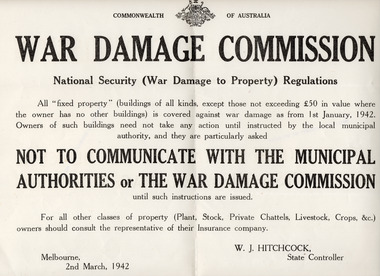 Administrative record - Poster, War Damage Commission, 1942