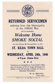 Ephemera - Flyer, Welcome Home Smoke Social, 1946