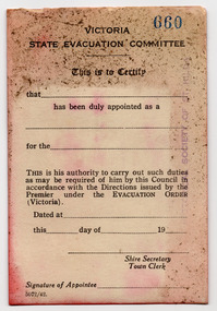 Ephemera - Identification card, Authority - Victoria State Evacuation Committee, 1940s