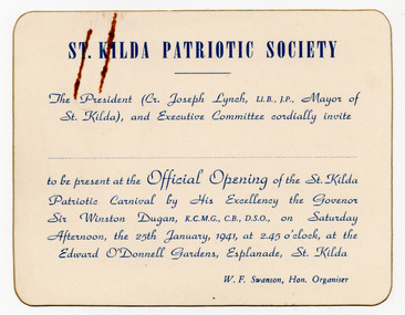Ephemera - Invitation, St Kilda Patriotic Society, 1941