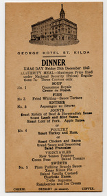 Ephemera - Menu, George Hotel St Kilda Dinner, 1942