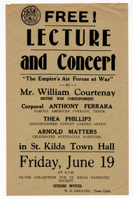 Ephemera - Flyer, Free! Lecture and Concert, 1942
