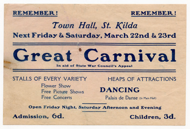 Ephemera - Flyer, Great Carnival, 1918