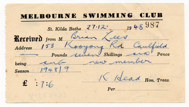 Administrative record - Receipt, Melbourne Swimming Club, 1948
