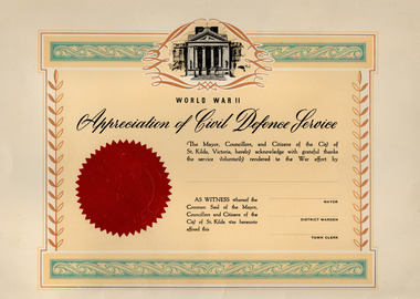 Document - Certificate, Appreciation of Civil Defence Service, 1940s
