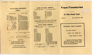 Ephemera - Pamphlet, Tram Timetables St Kilda - Elwood Depot, 1957