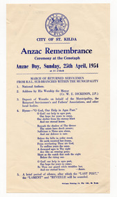 Ephemera - Flyer, Anzac Remembrance Ceremony at the Cenotaph, 1953