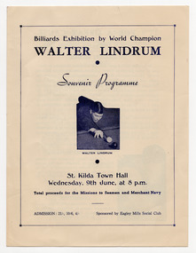 Ephemera - Program, Billiards Exhibition by World Champion Walter Lindrum, 1943