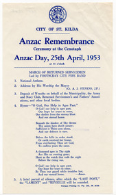 Ephemera - Flyer, Anzac Remembrance Ceremony at the Cenotaph, 1954