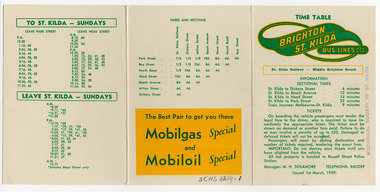 Ephemera - Pamphlet, Timetable Brighton St Kilda Bus Lines Pty Ltd, 1959