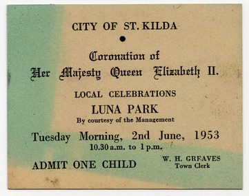Ephemera - Ticket, Coronation of Her Majesty Queen Elizabeth II, 1953