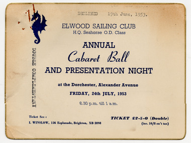 Ephemera - Ticket, Elwood Sailing Club Annual Cabaret Ball and Presentation Night, 1953