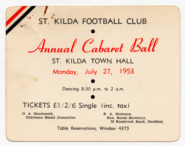 Ephemera - Ticket, St Kilda Football Club Annual Cabaret Ball, 1953