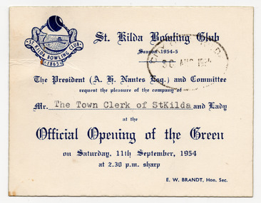Ephemera - Invitation, St Kilda Bowling Club Official Opening of the Green, 1954