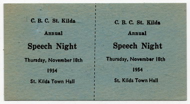 Ephemera - Ticket, C.B.C. St. Kilda Annual Speech Night, 1954