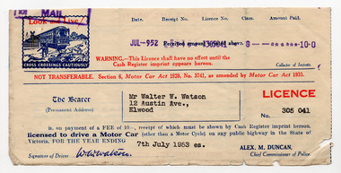 Administrative record - Licence, State of Victoria Licence for Driver, 1952-54