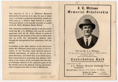 Administrative record - Contribution Card, J. L. Williams Memorial Scholarship, c1927