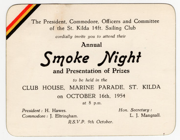 Ephemera - Invitation, Annual Smoke Night and Presentation of Prizes, 1954