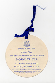 Ephemera - Entree card, Women's Organisations of Victoria Morning Tea, 1958