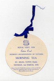 Ephemera - Entree card, Women's Organizations of Victoria Morning Tea, 1958